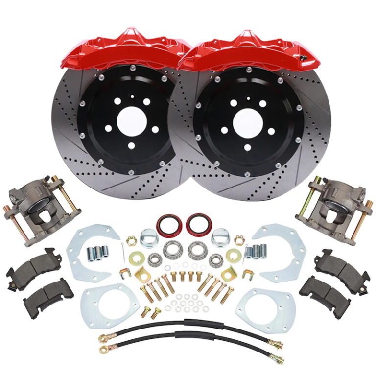 a pair of red and black brake discs